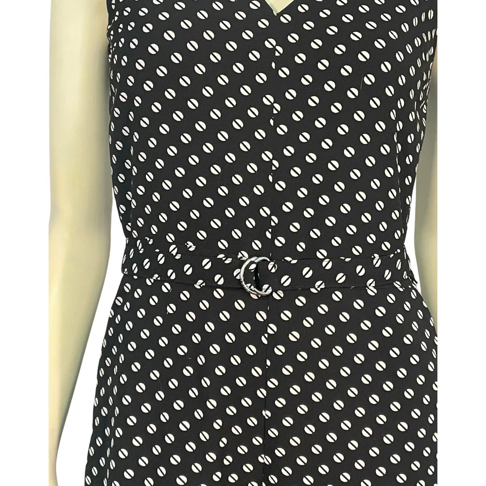 Michael Kors Sz 2 Belted Jumpsuit Cropped Pants V-Neck Bodice Black White Dots - Picture 7 of 13